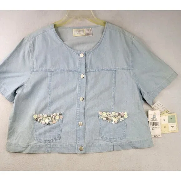 Vintage 90s Susan Bristol Embellished Denim Shirt XL Blue Casual Americana Boxy - Picture 1 of 10